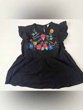 Black Flutter Sleeve Blouse with Multicolor Floral Embroidery